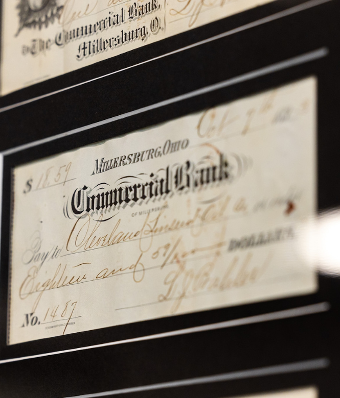 Framed vintage Commercial Bank check from Millersburg, Ohio dated 1893