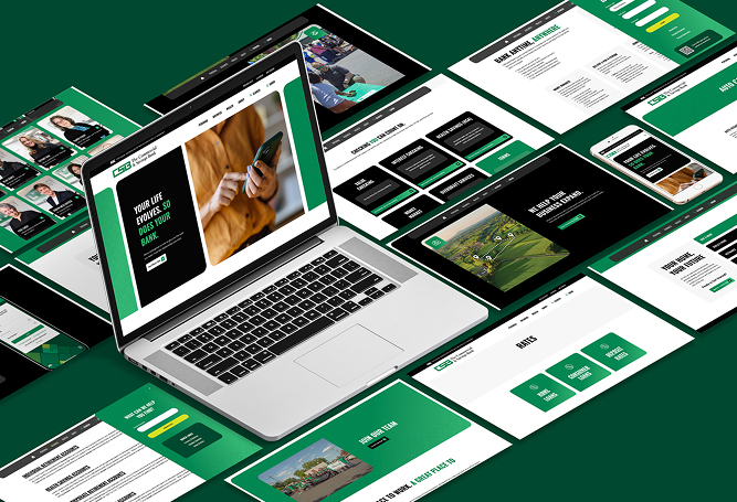 Laptop displaying CSB website surrounded by branded digital design mockups.