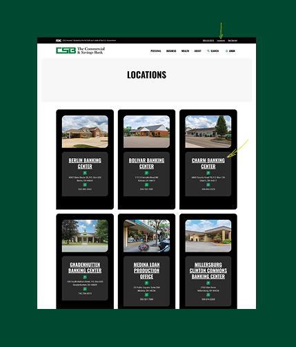 Screenshot of CSB branch locations page featuring multiple centers.