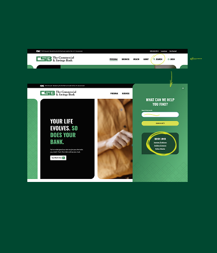CSB website homepage with expanded account login menu.