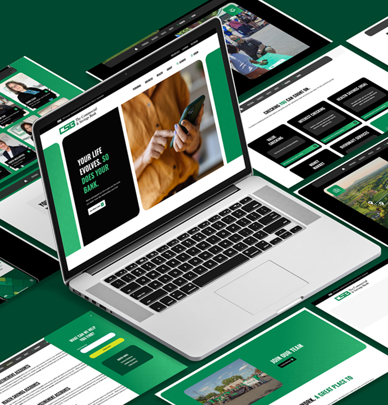 Laptop displaying CSB website surrounded by branded digital design mockups.