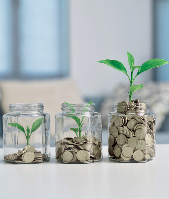 Three glass jars with coins and growing plants showing savings growth over time.