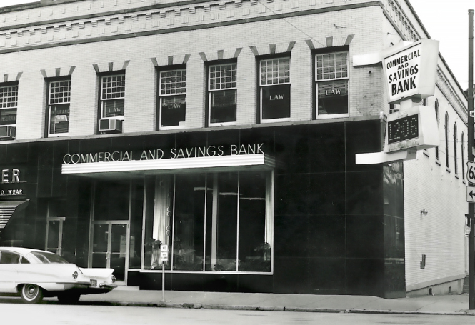 Historic photo of Commercial and Savings Bank building in downtown Millersburg.