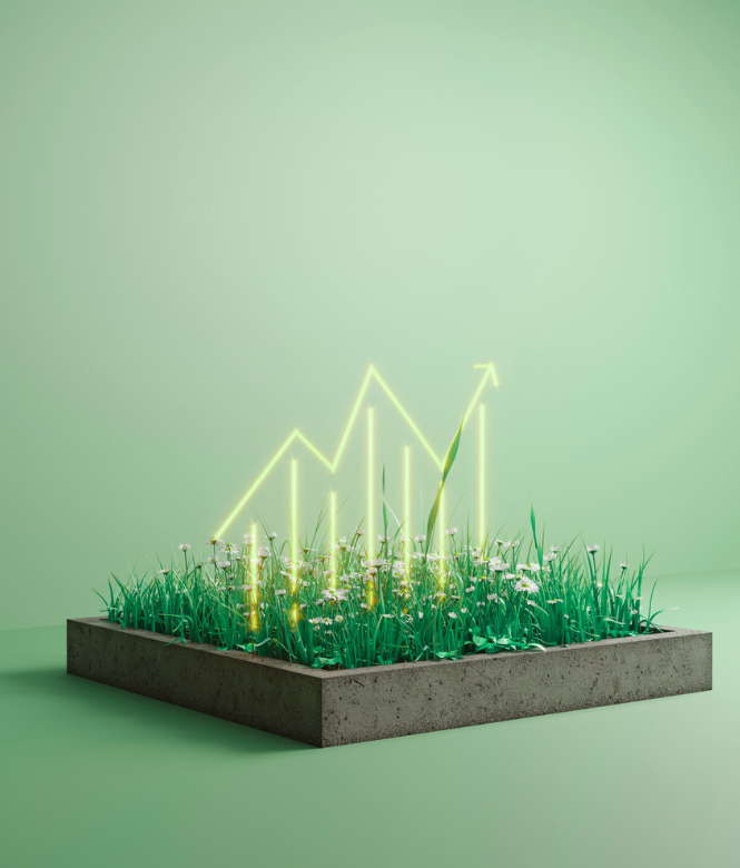 Grass in a brown planter with an upward-trending growth chart graphic