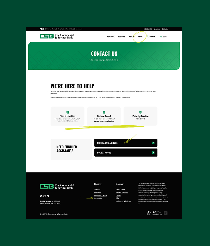 Screenshot of CSB’s 'Contact Us' webpage with support options.